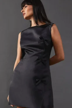 Structured Satin Sleeveless Bow Detail Mini Dress