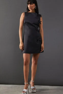Structured Satin Sleeveless Bow Detail Mini Dress