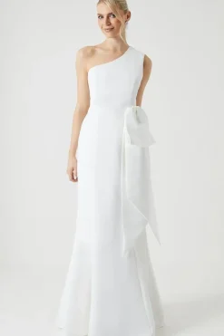 Structured Satin Statement Bow One Shoulder Bridal Dress