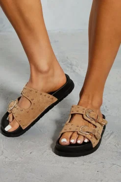 Studded Faux Suede Buckle Sliders