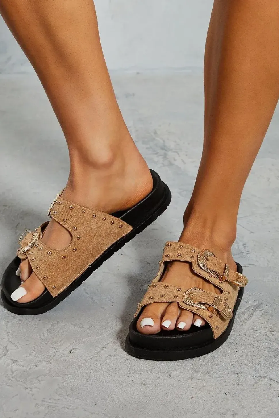 Studded Faux Suede Buckle Sliders