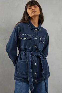 Stud Detail Belted Denim Jacket