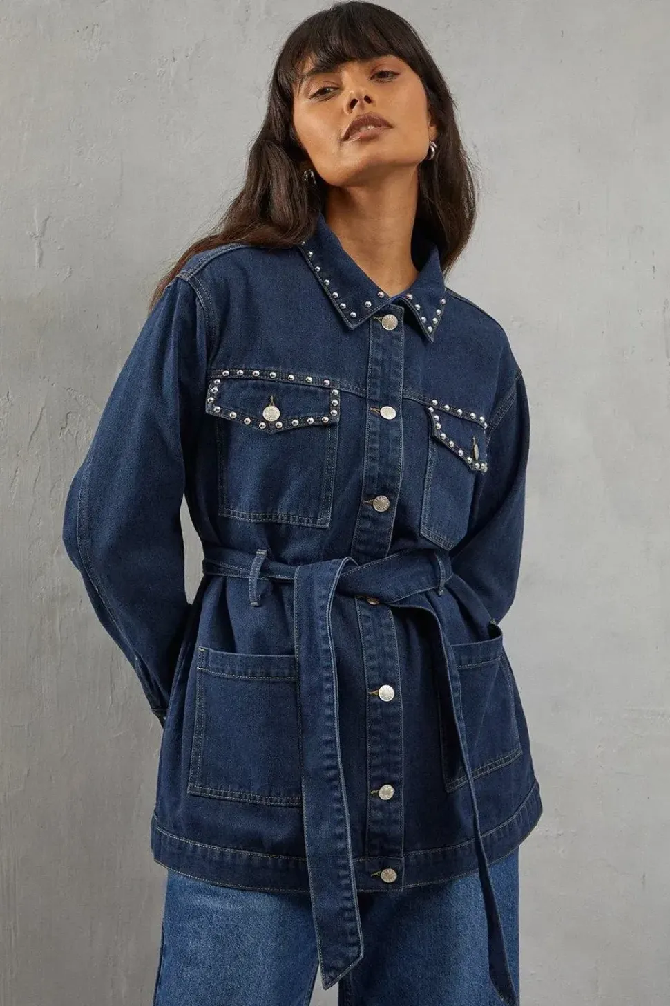 Stud Detail Belted Denim Jacket
