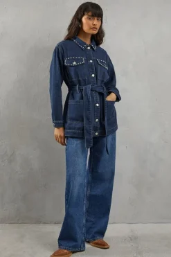 Stud Detail Belted Denim Jacket
