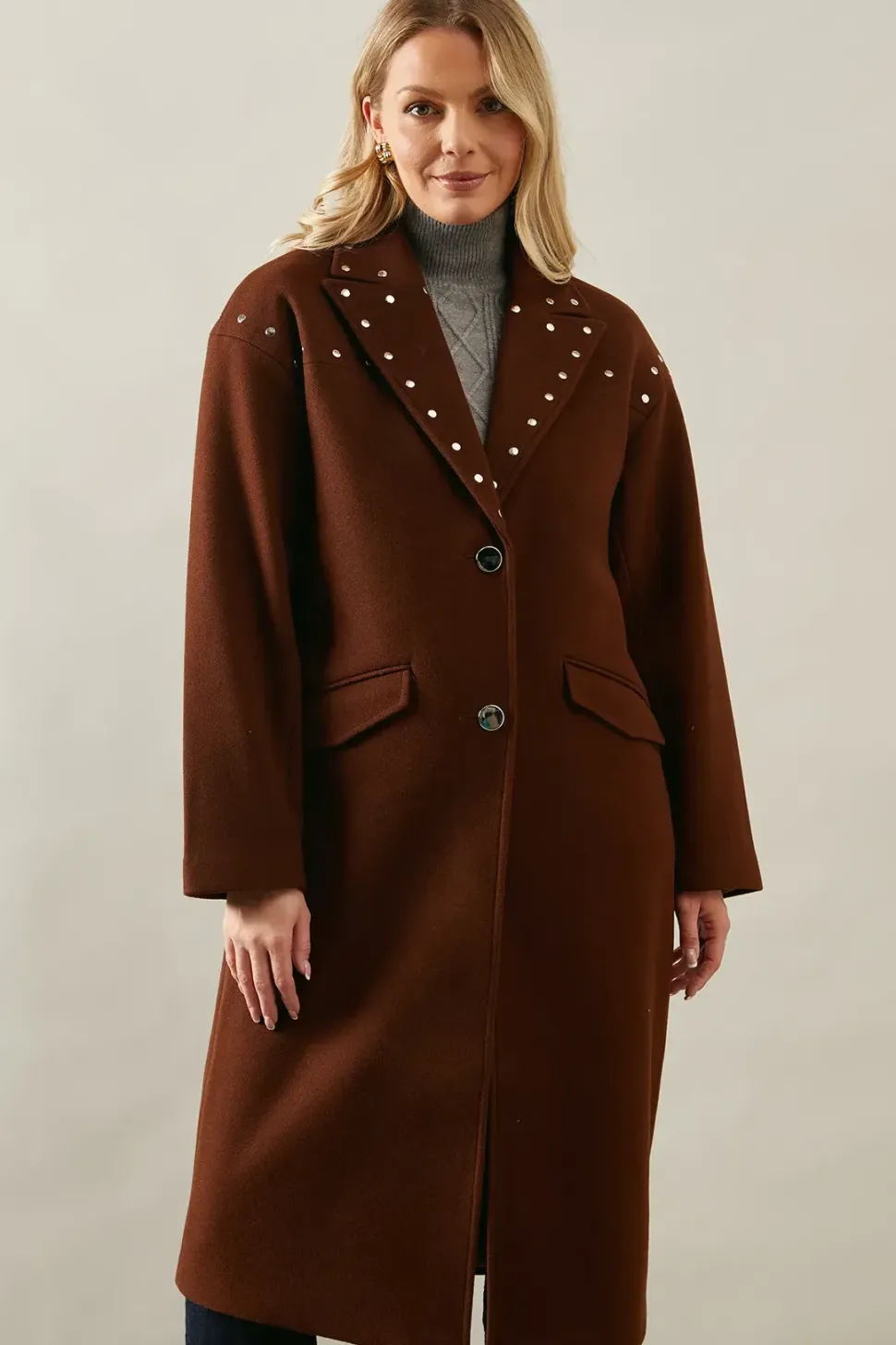 Stud Detail Single Breasted Midi Coat