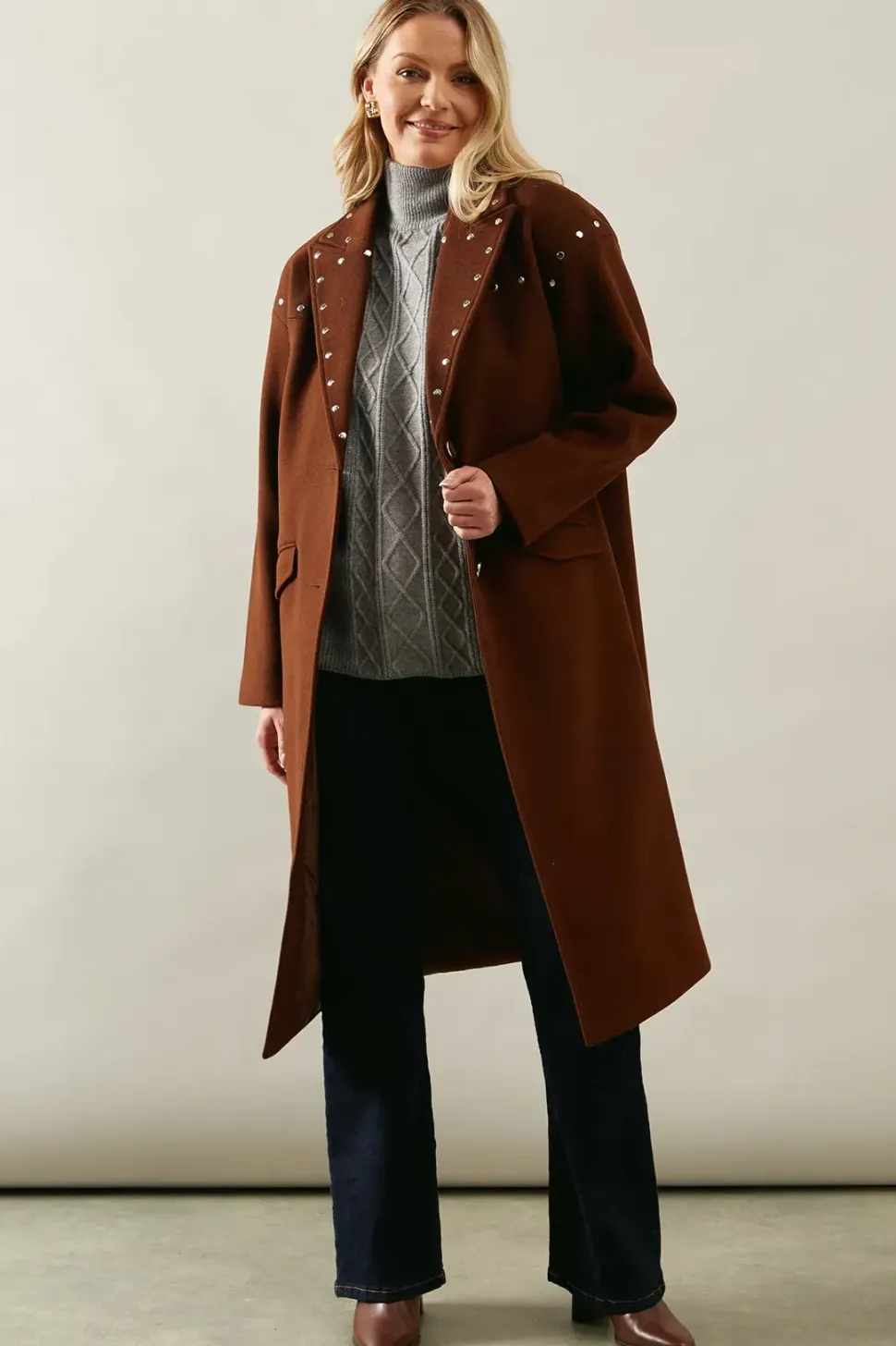 Stud Detail Single Breasted Midi Coat