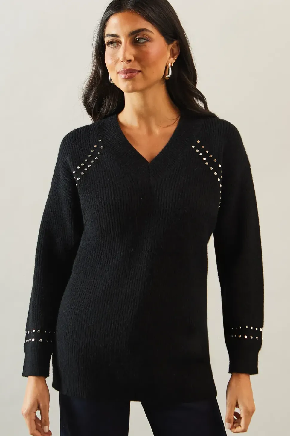 Stud Detail V Neck Ribbed Jumper
