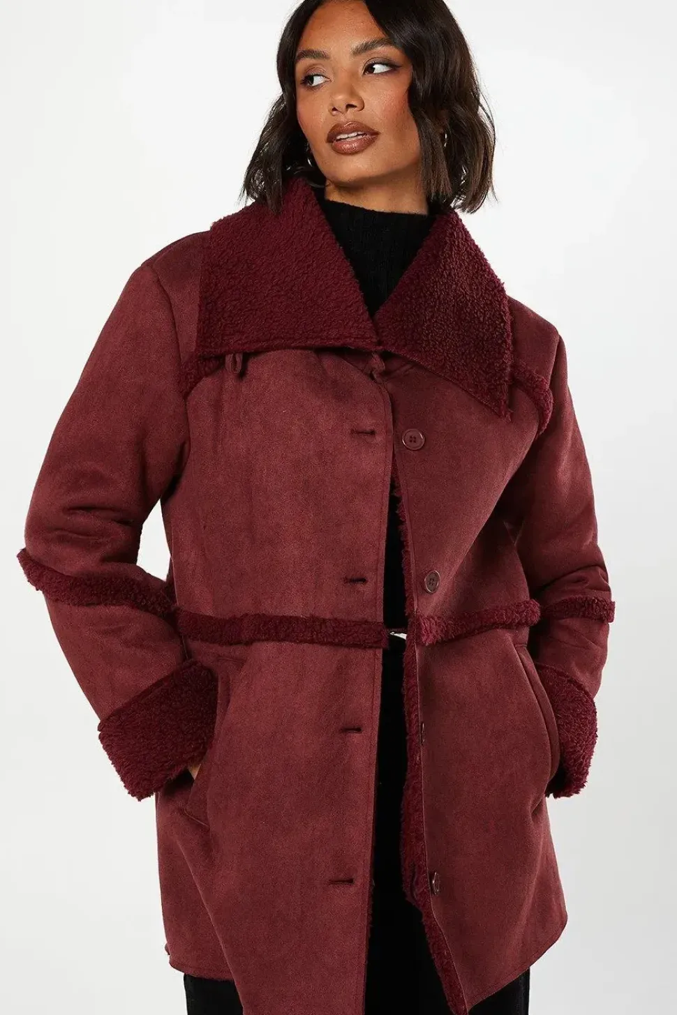 Suede Shearling Longline Coat