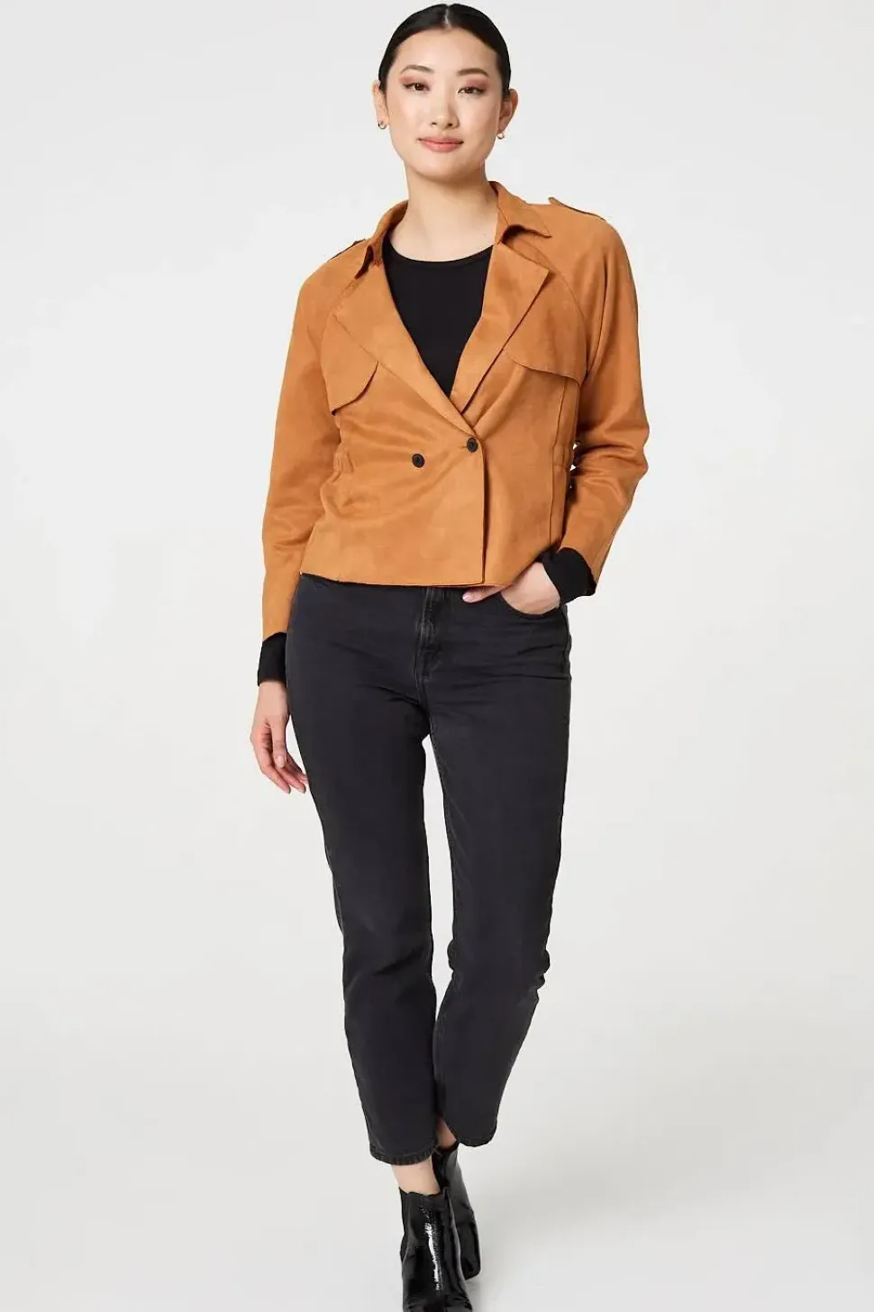 Suede Texture 3/4 Sleeve Cropped Trench Coat