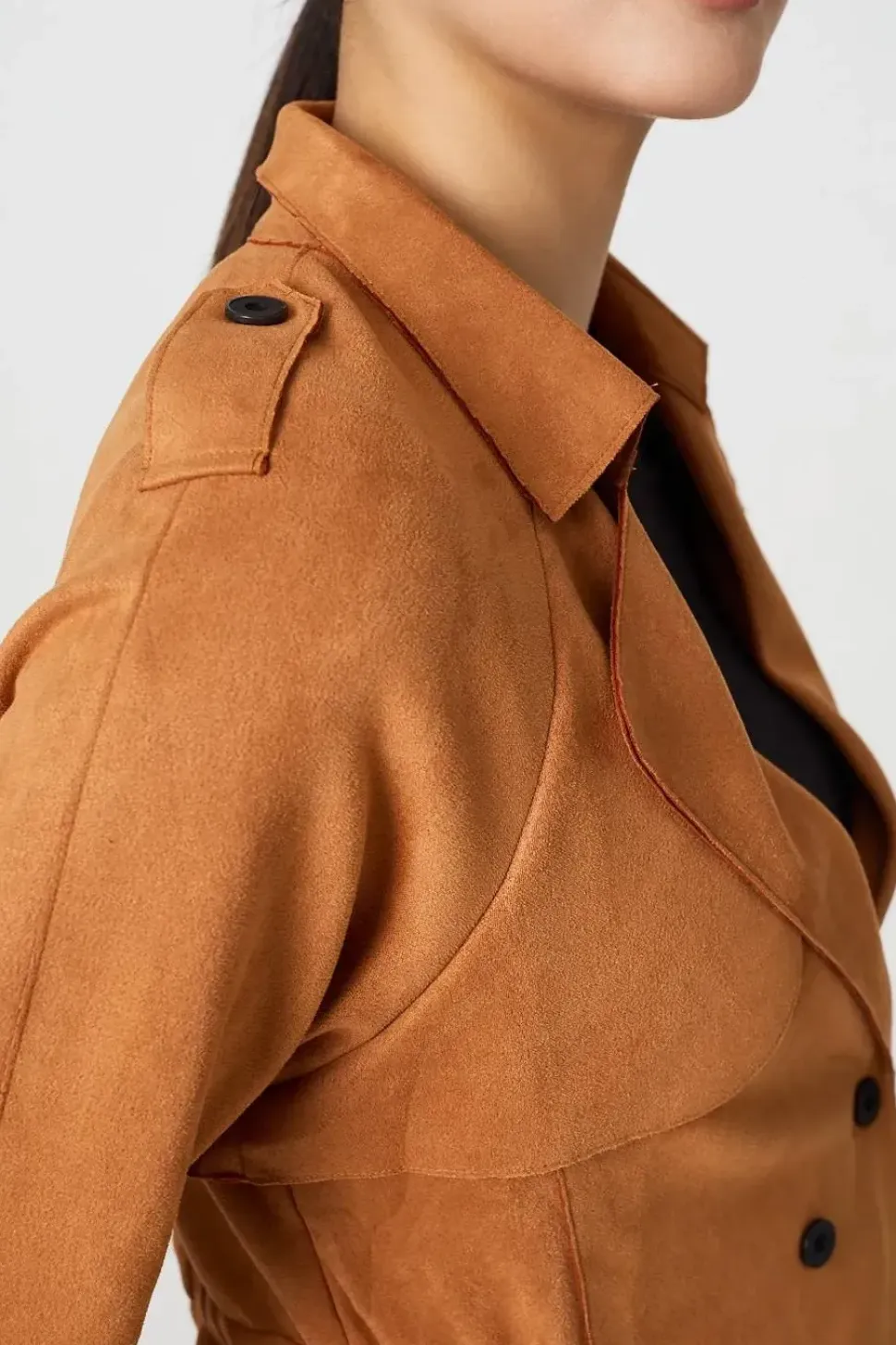 Suede Texture 3/4 Sleeve Cropped Trench Coat