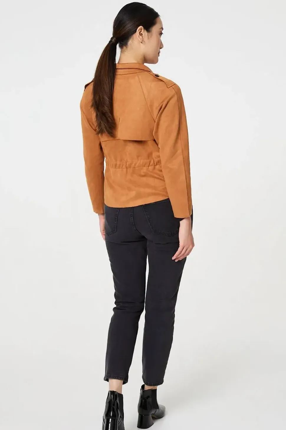 Suede Texture 3/4 Sleeve Cropped Trench Coat