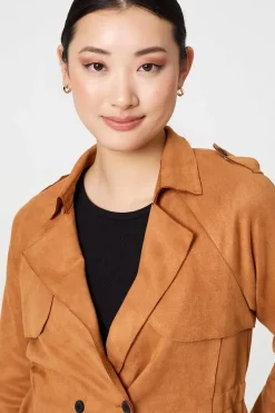 Suede Texture 3/4 Sleeve Cropped Trench Coat
