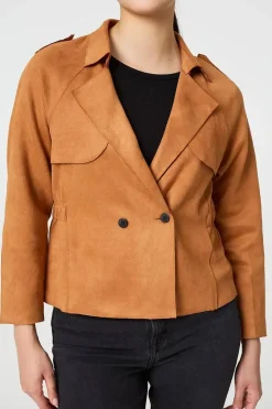 Suede Texture 3/4 Sleeve Cropped Trench Coat