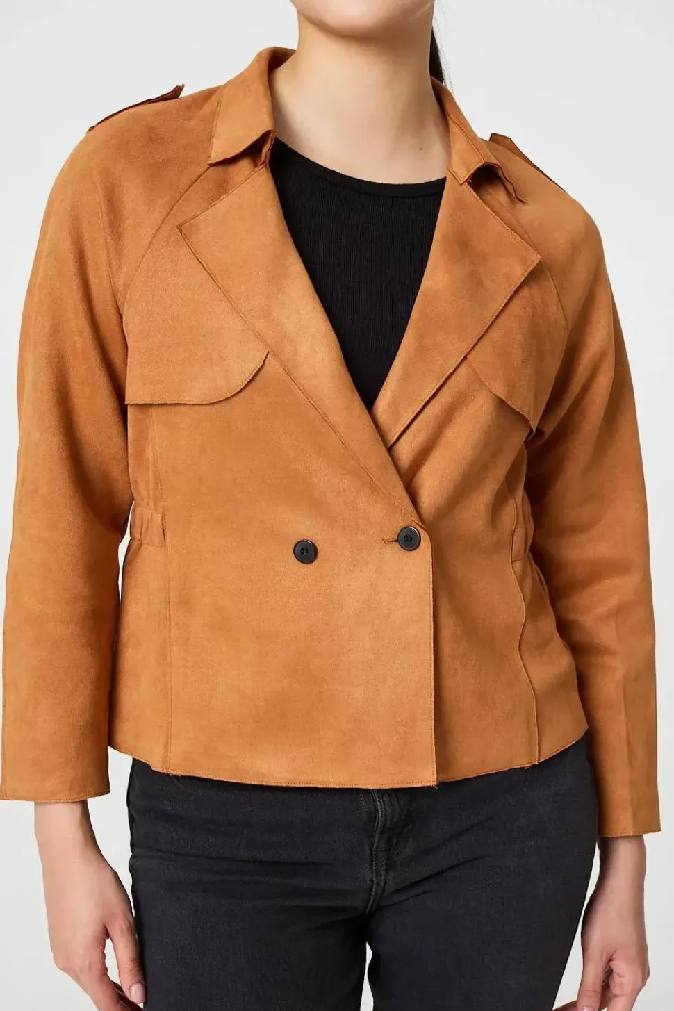 Suede Texture 3/4 Sleeve Cropped Trench Coat