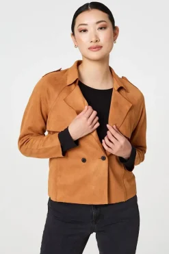 Suede Texture 3/4 Sleeve Cropped Trench Coat