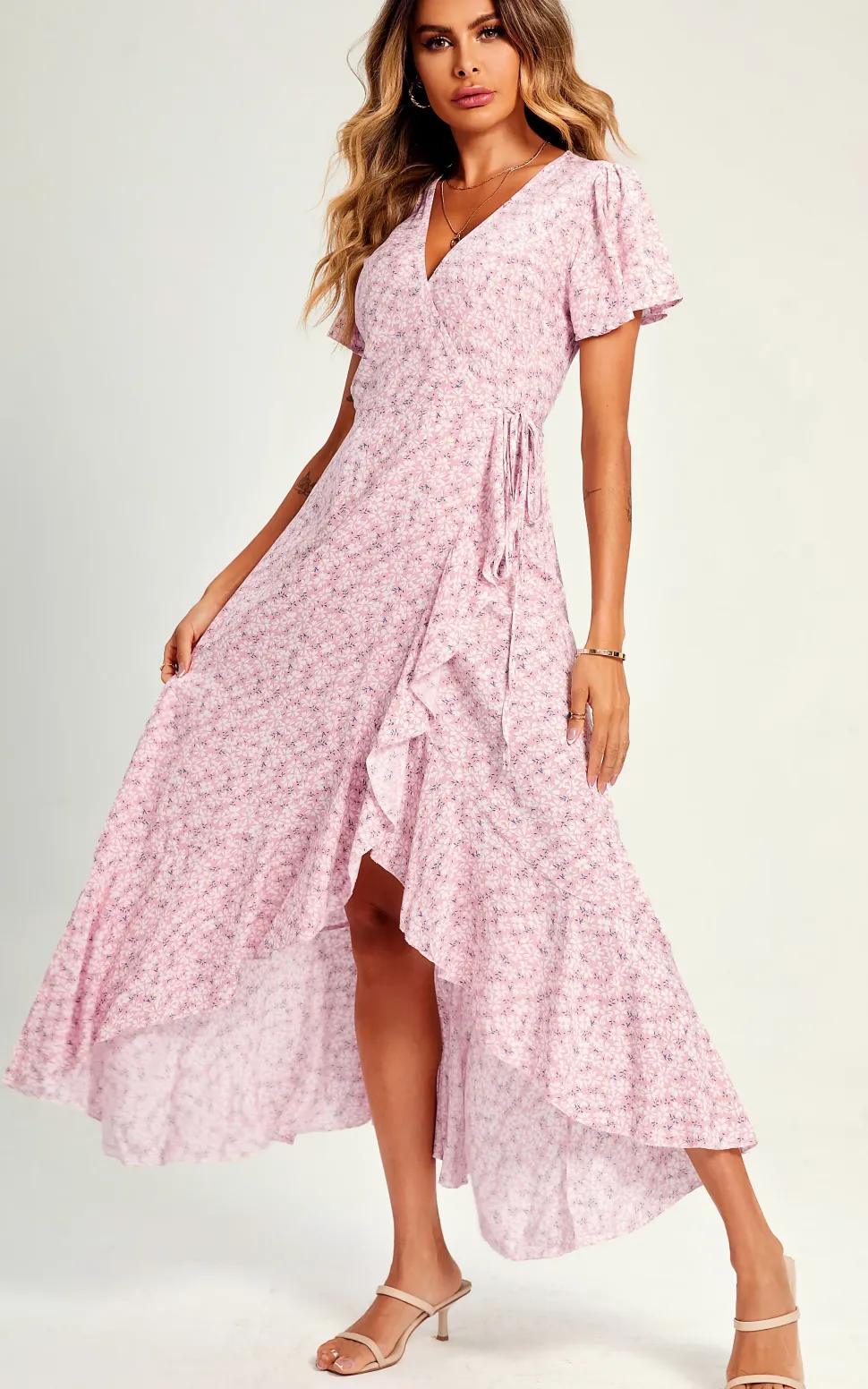 Summer Floral Print Hem Wrap Midi Dress In Pink