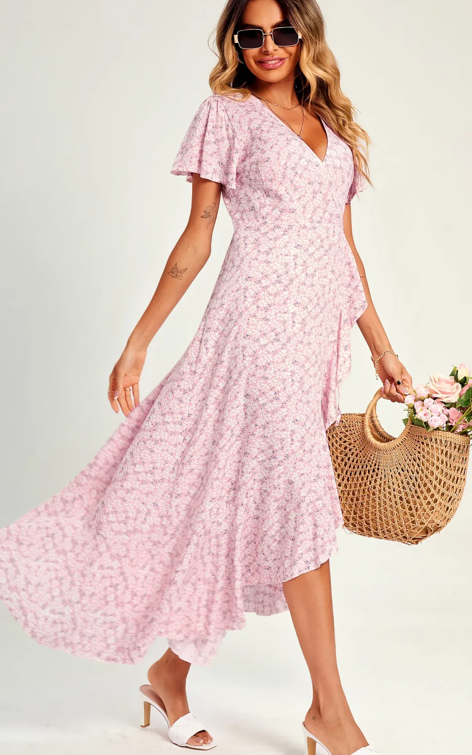 Summer Floral Print Hem Wrap Midi Dress In Pink