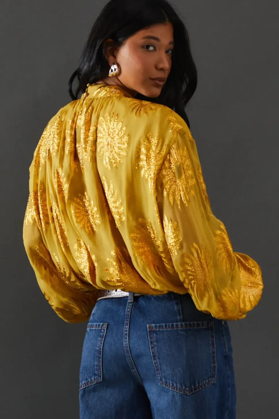 Sun Metallic Jacquard Wrap Front Blouse Top With Tie Neck