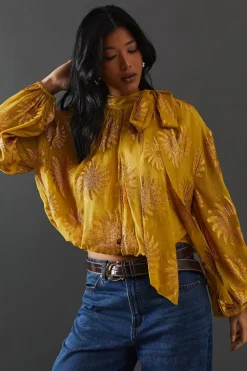 Sun Metallic Jacquard Wrap Front Blouse Top With Tie Neck