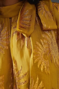 Sun Metallic Jacquard Wrap Front Blouse Top With Tie Neck