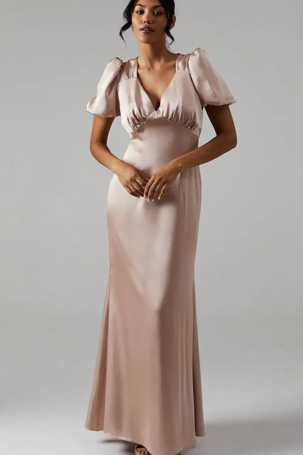 Sweetheart Neckline Puff Sleeve Satin Bridesmaid Maxi Dress