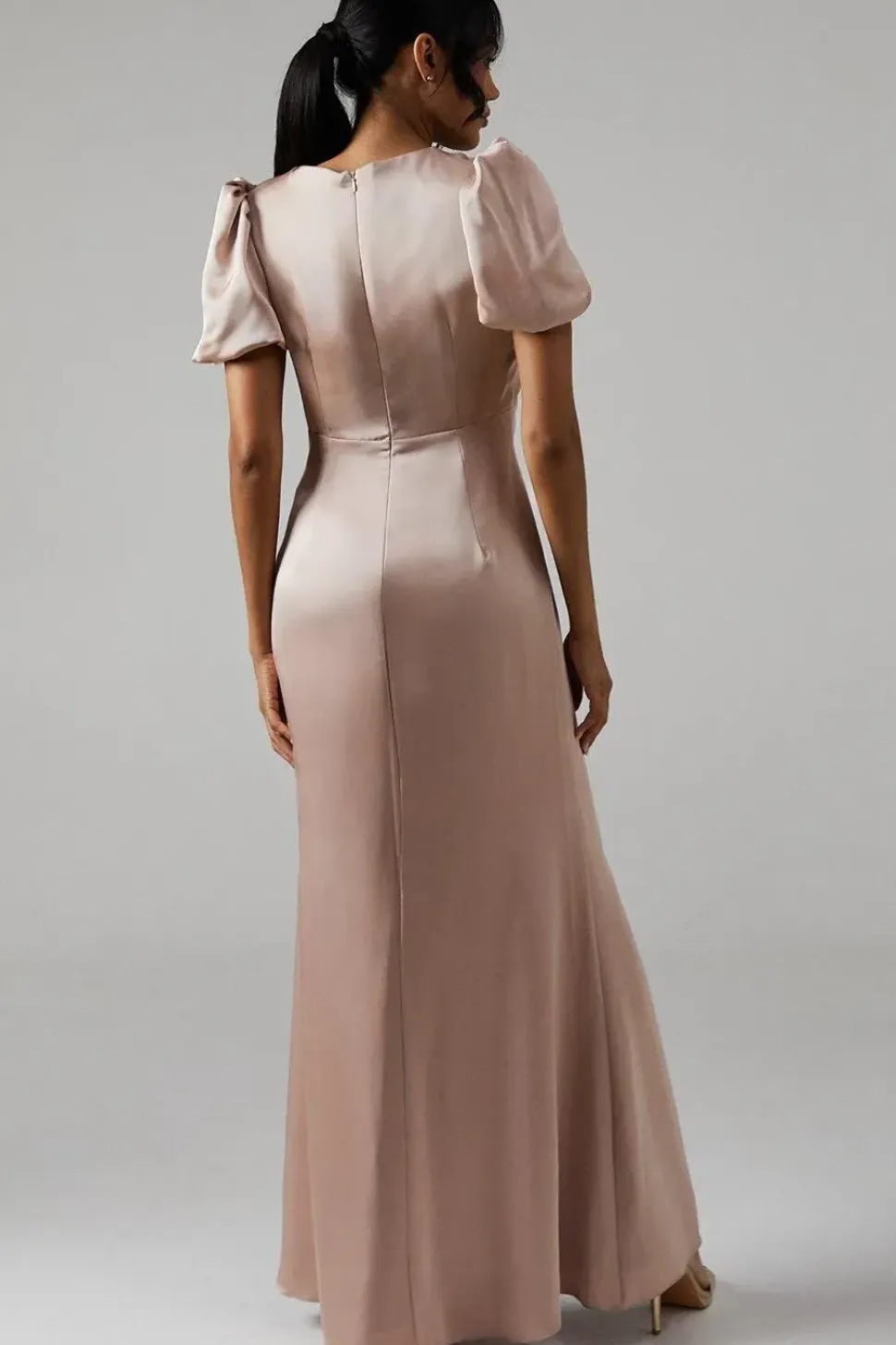 Sweetheart Neckline Puff Sleeve Satin Bridesmaid Maxi Dress