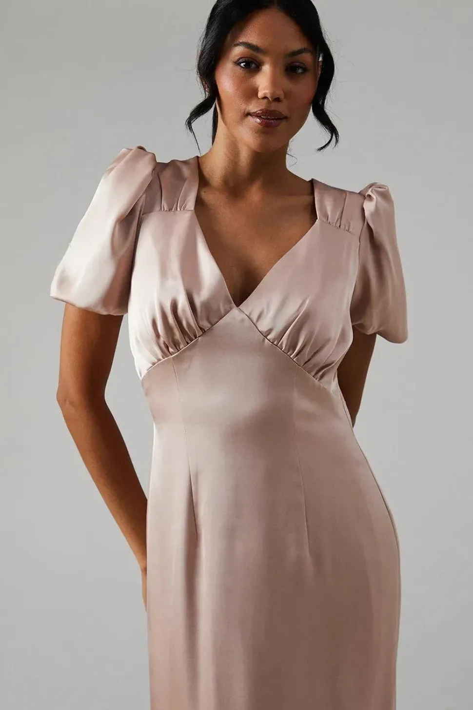 Sweetheart Neckline Puff Sleeve Satin Bridesmaid Maxi Dress