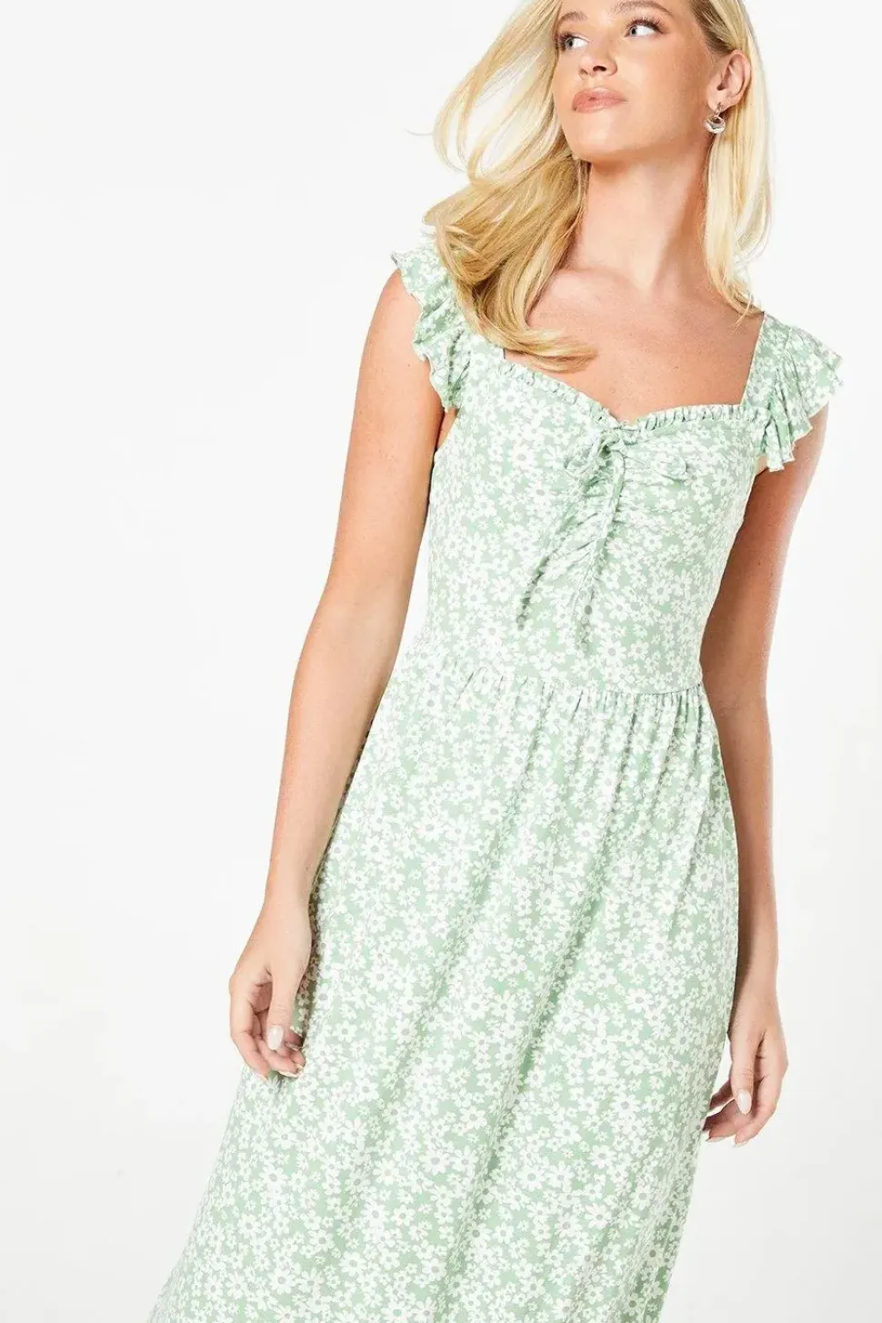 Sweetheart Neckline Ruched Front Midi Dress