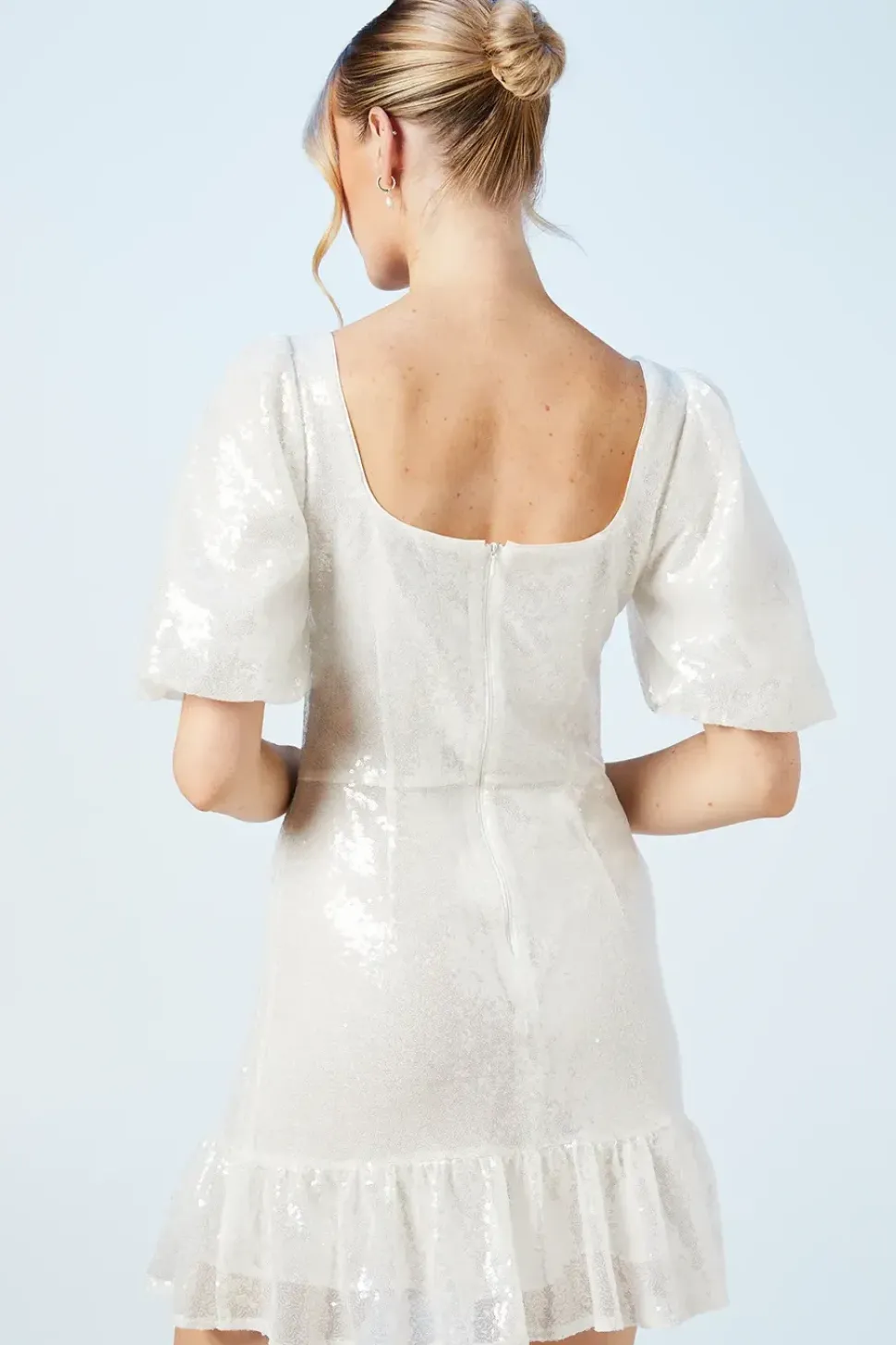 Sweetheart Puff Sleeve Sequin Bridal Mini Dress