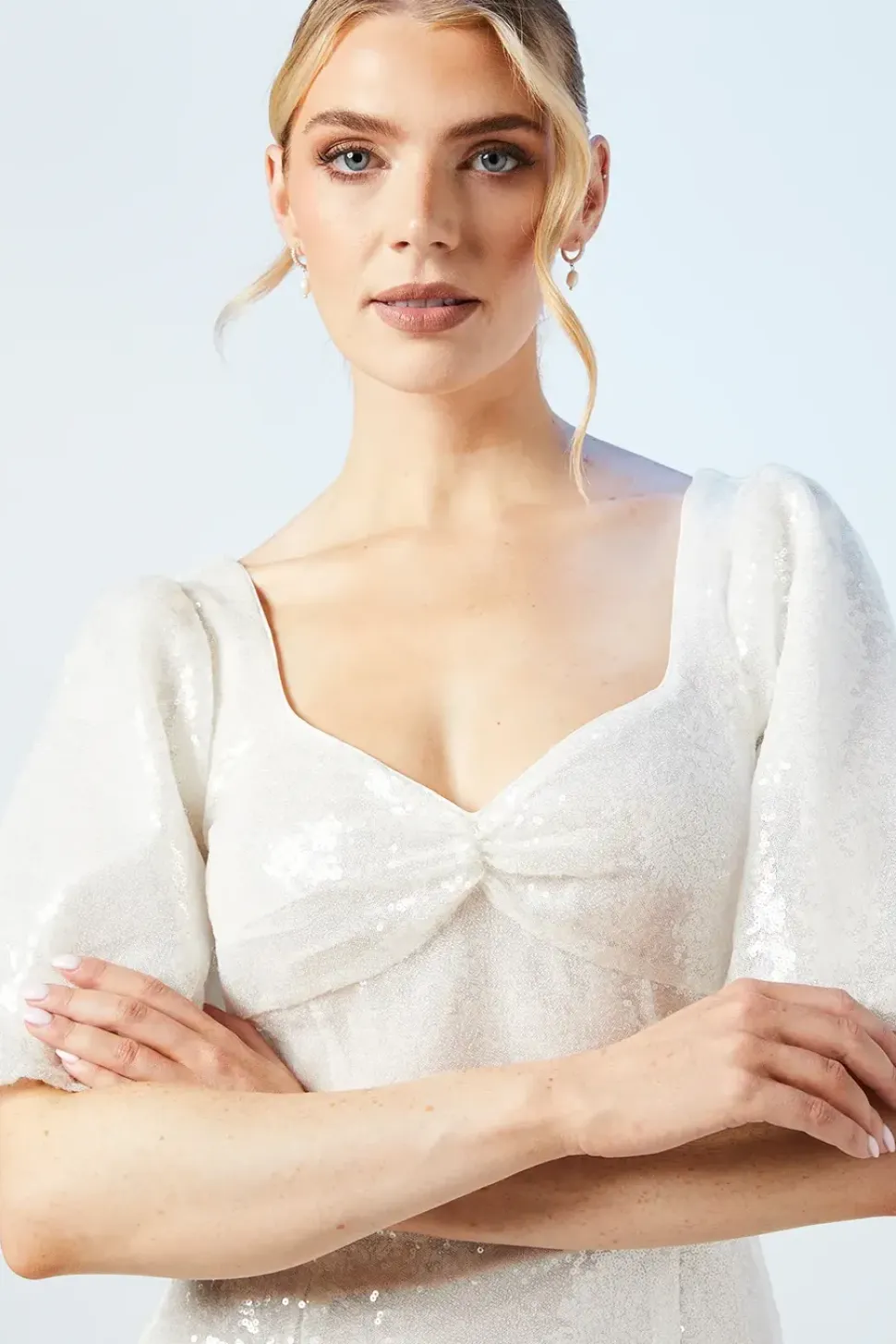 Sweetheart Puff Sleeve Sequin Bridal Mini Dress