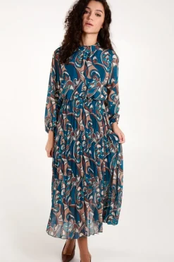 Swirl Print High Neck Blouson Pleated Dress