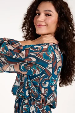 Swirl Print High Neck Blouson Pleated Dress