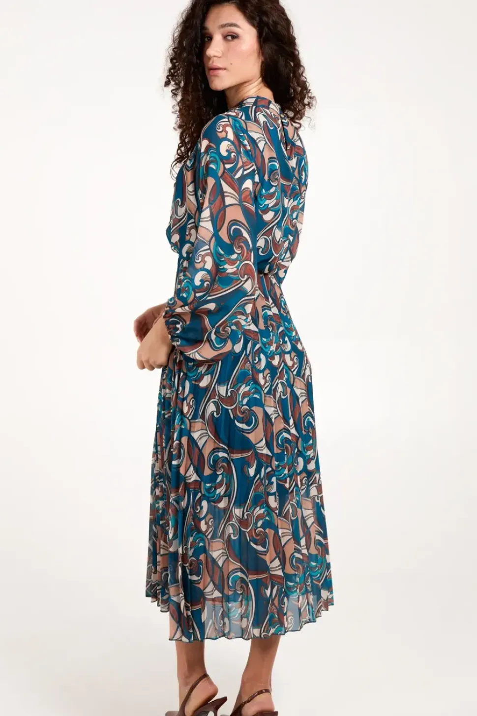 Swirl Print High Neck Blouson Pleated Dress