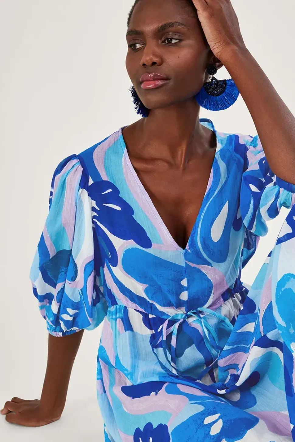 Swirl Print Puff Sleeve Maxi Dress