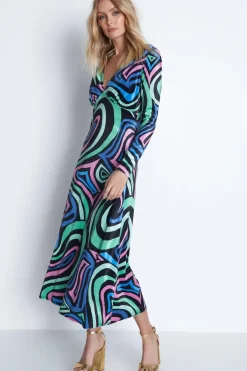 Swirl Print Velvet Plunge Neck Midi Dress