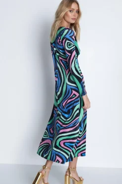 Swirl Print Velvet Plunge Neck Midi Dress