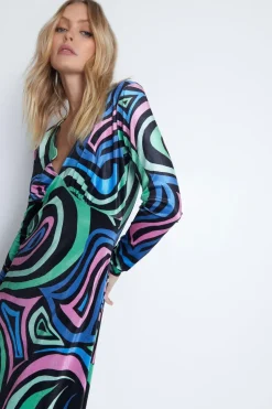 Swirl Print Velvet Plunge Neck Midi Dress
