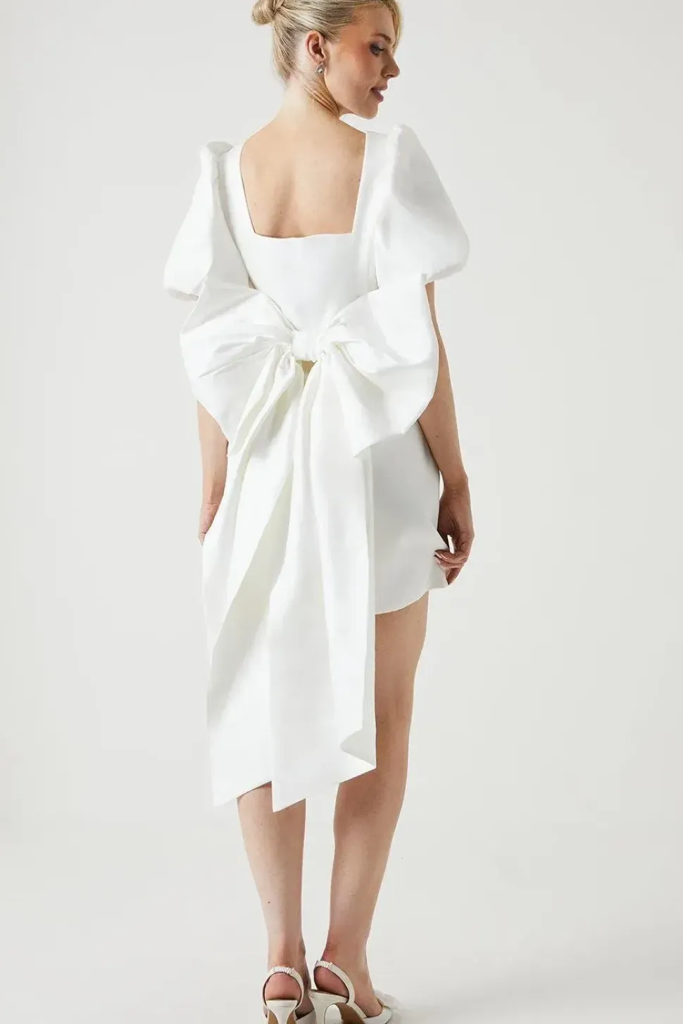 Taffeta Bow Back Puff Sleeve Mini Dress