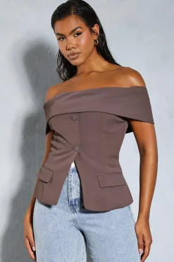 Tailored Bardot Sleeveless Blazer Top