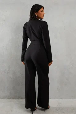 Tailored Collared Belted Long Sleeve Straight Leg Jumpsuit