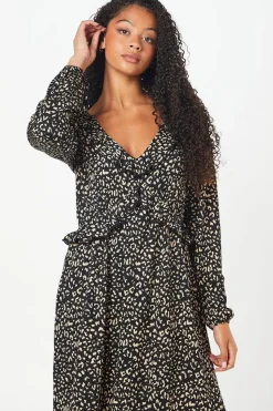 Tall Animal Print Ruffle Front Midi Dress