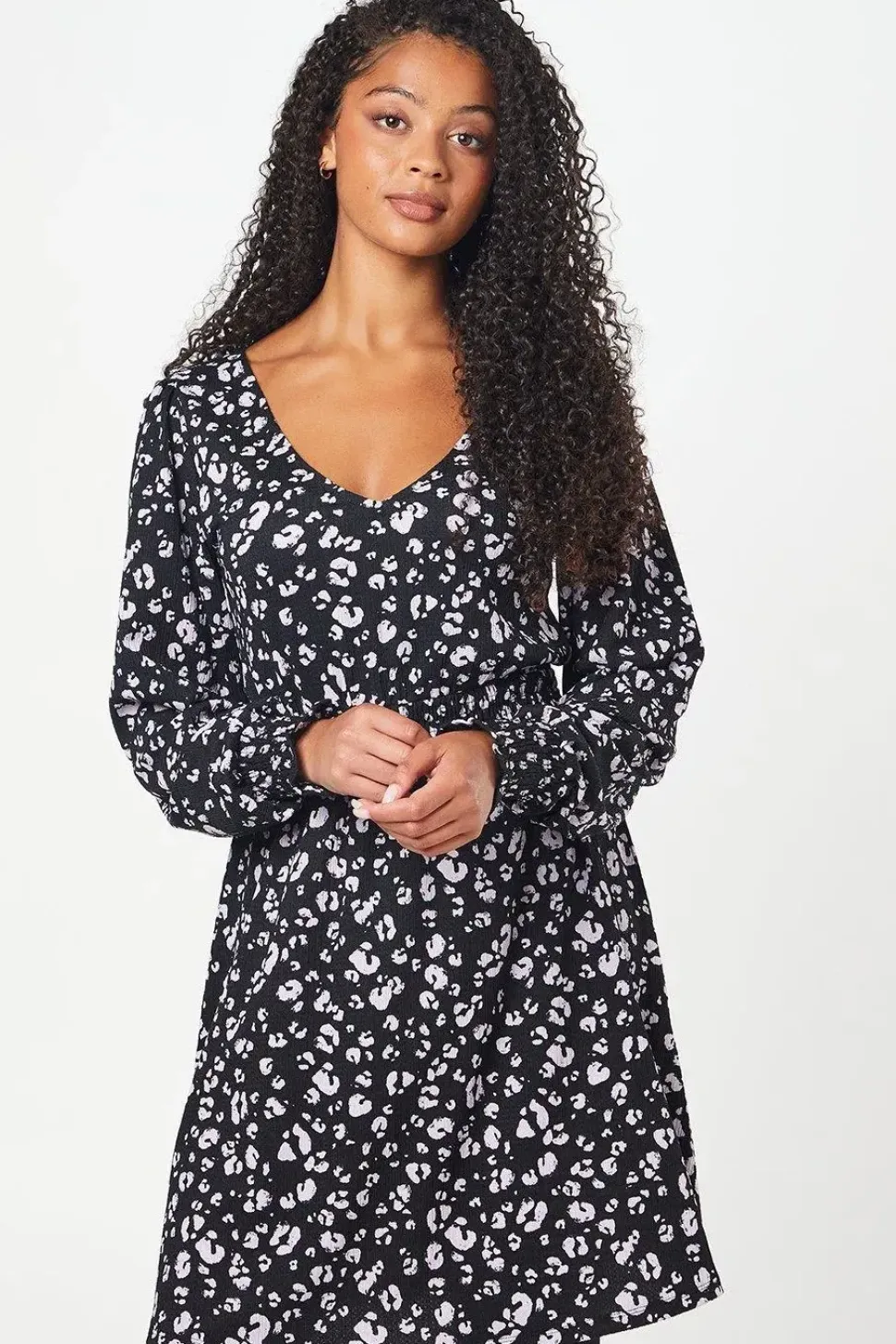 Tall Animal Shirred Waist V Neck Mini Dress