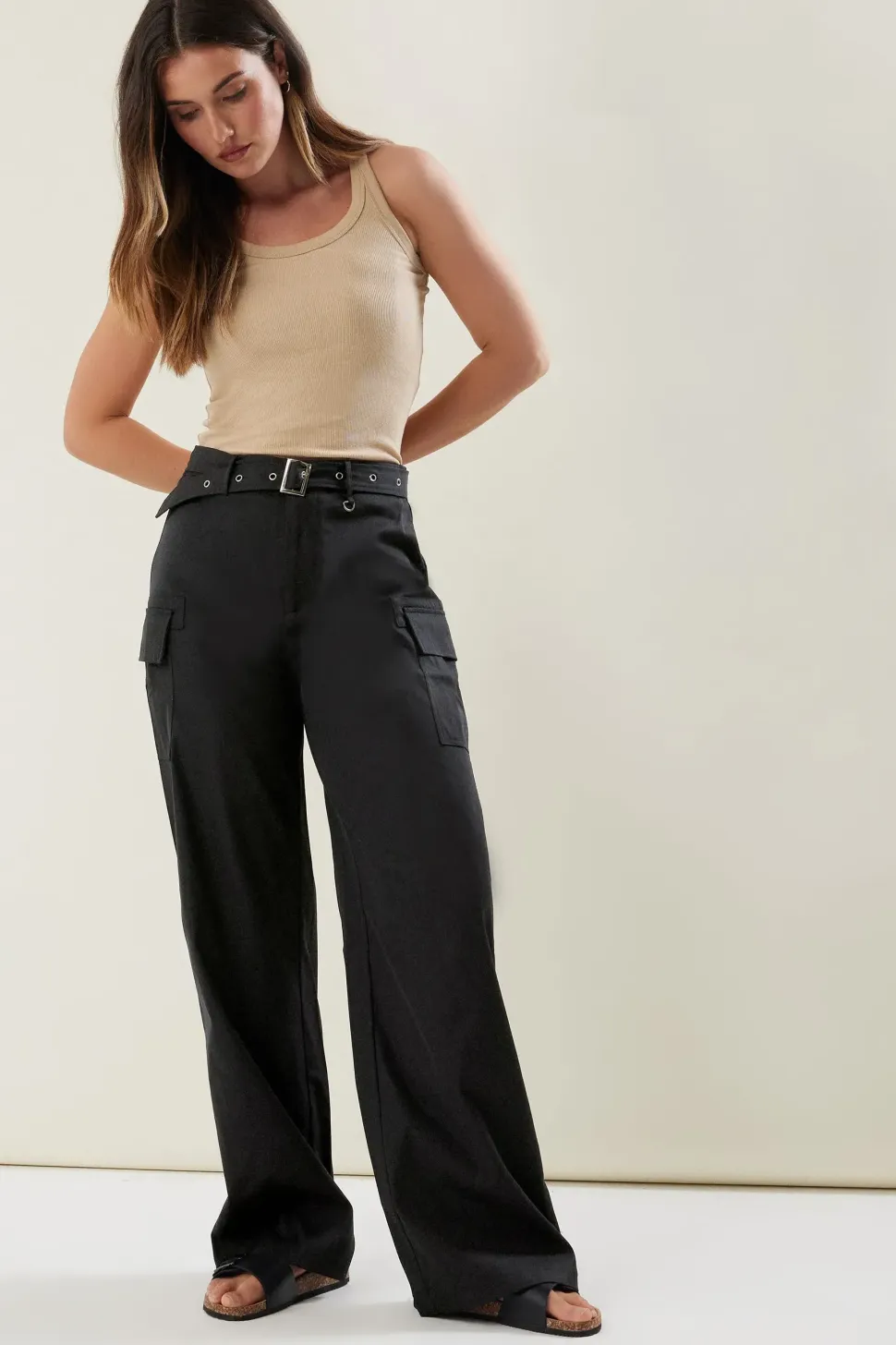 Tall Belted Wide Leg Cargo Trousers