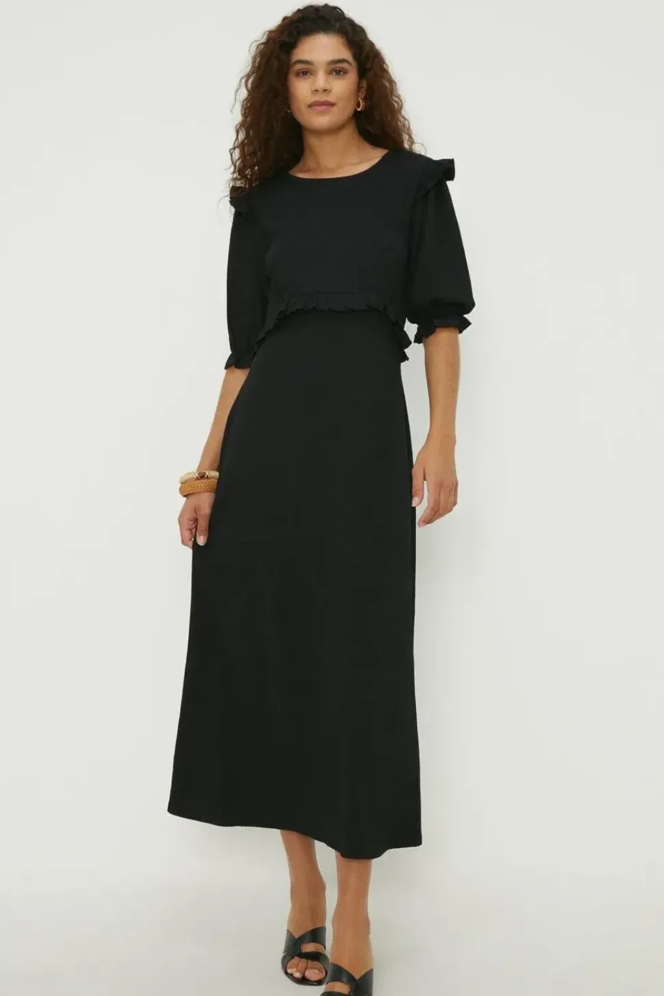 Tall Black Ruffle Shoulder Midi Dress