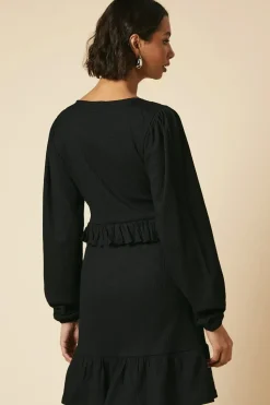 Tall Black Tie Front Ruffle Bust Long Sleeve Mini Dress