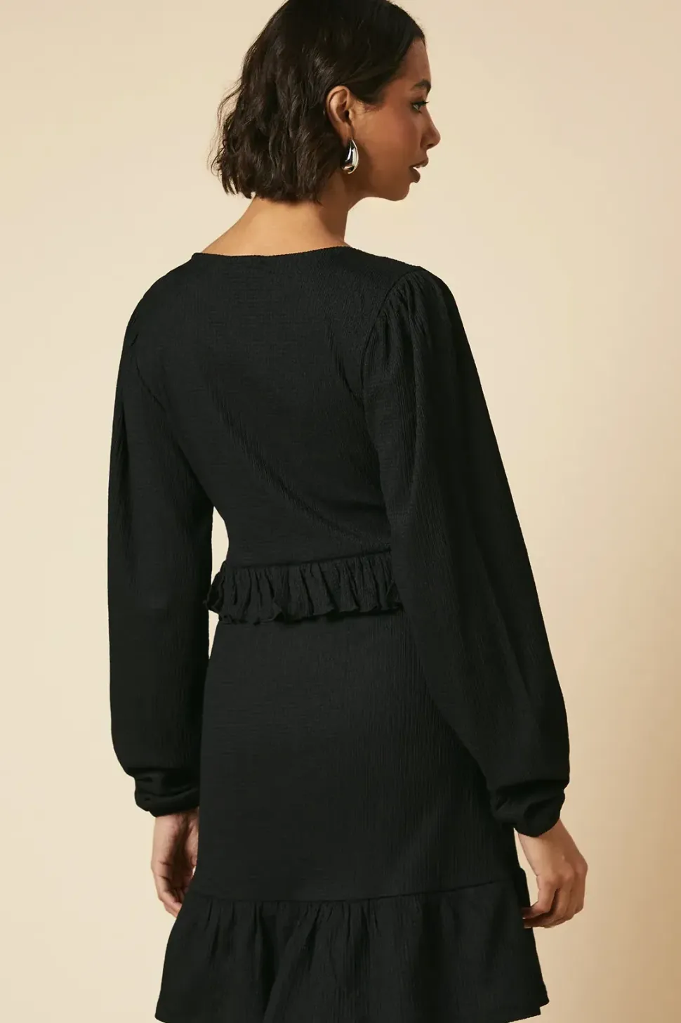 Tall Black Tie Front Ruffle Bust Long Sleeve Mini Dress