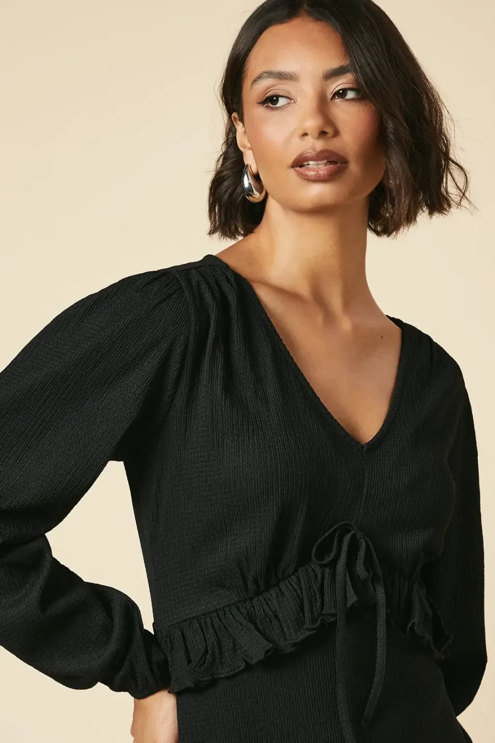 Tall Black Tie Front Ruffle Bust Long Sleeve Mini Dress
