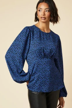 Tall Blue Blurred Spot Floral Tea Blouse