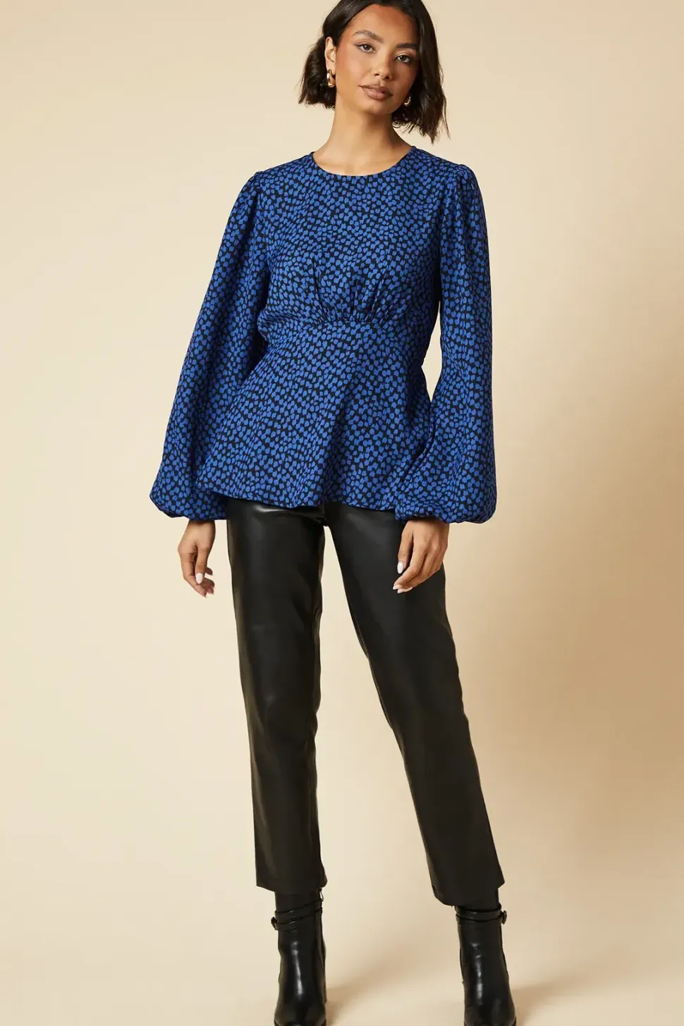 Tall Blue Blurred Spot Floral Tea Blouse