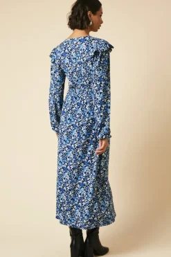 Tall Blue ditsy floral Frill Shoulder Shirred Waist Long Sleeve Midi Dress